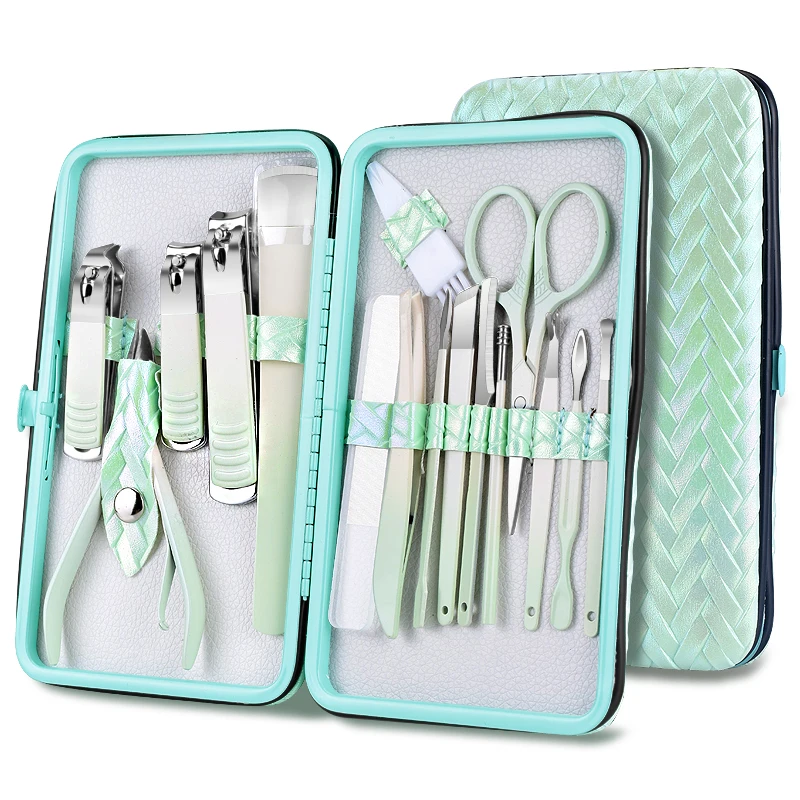 Spring Green 7/10/13/16 pcs New Stainless Steel Nail Clippers Set Grooming Tool Set With Portable Case Manicure Art Tool Green