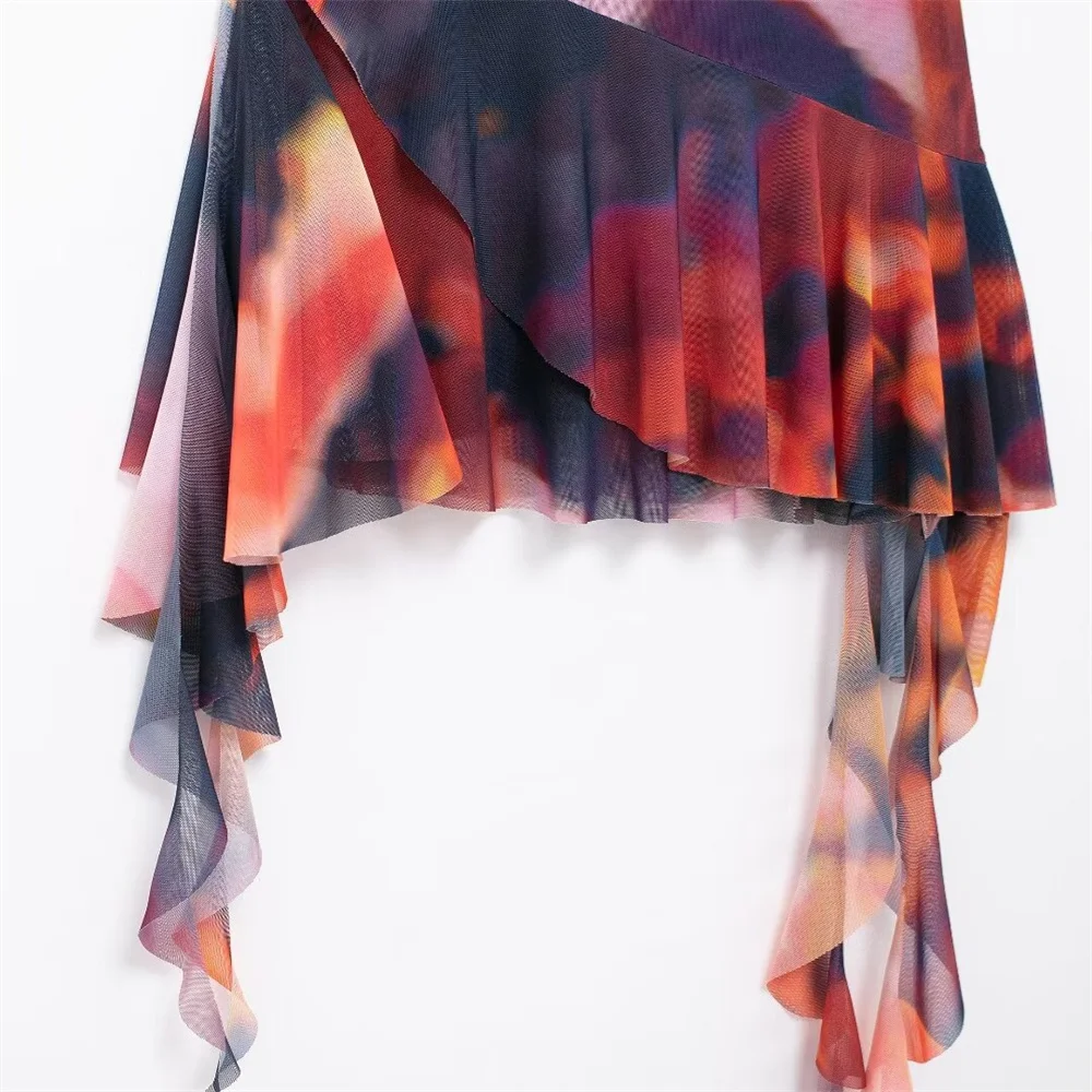 PB&ZA2024 Summer New Fashion Casual Women\'s Wear European and American Style Printed Silk Mesh Midi Bra Dress