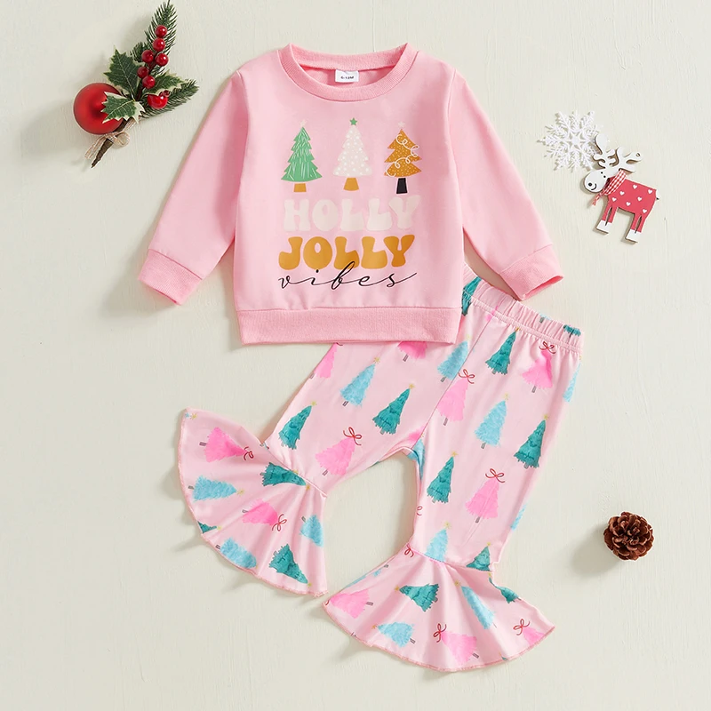 Girls Christmas Outfit Cute Reindeer Print Hoodie with Matching Flare Pants Set for Kids Long Sleeve Winter Clothes