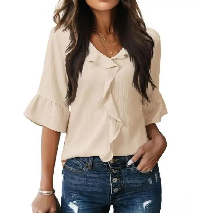 

2026 Summer New Women's Fashion Casual V-neck Solid Color Ruffle Loose Top Women's Wear