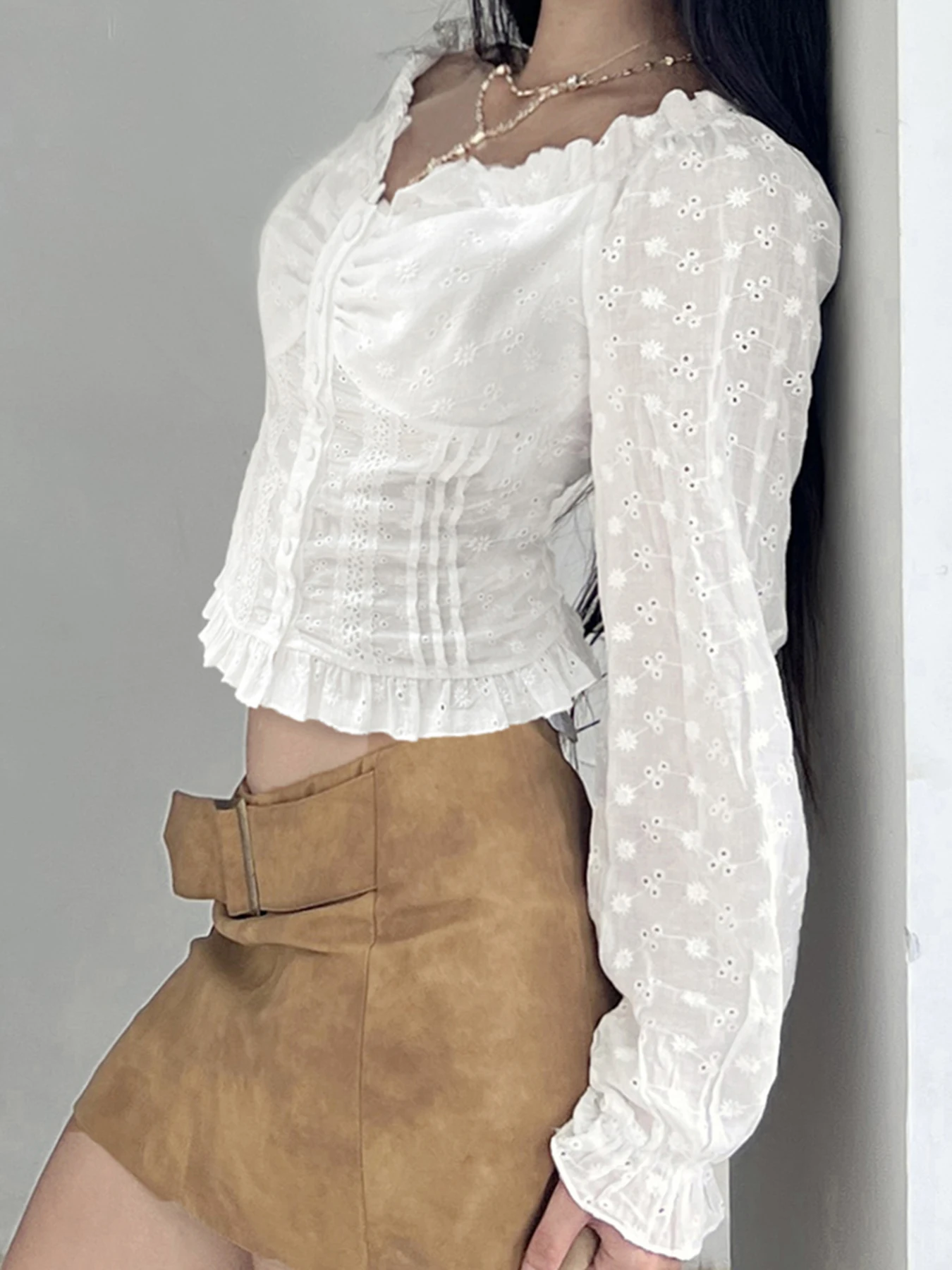 IAMSURE Casual Loose Hollow Out Shirts Holiday Square Collar Long Puff Sleeve Blouse Women 2025 Autumn Spring Fashion Streetwear