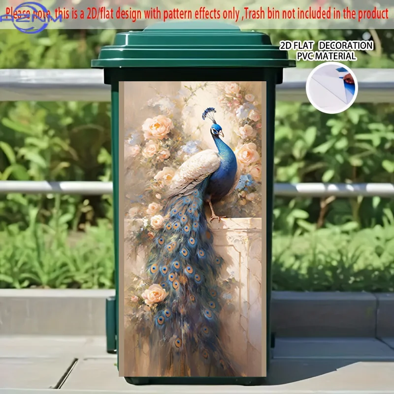[2D Flat Printing] 1pc 2D Pattern Printed Kitchen Trash Can Sticker, X Cm Peacock Perching on Flowers Design, Themed Kitchen H
