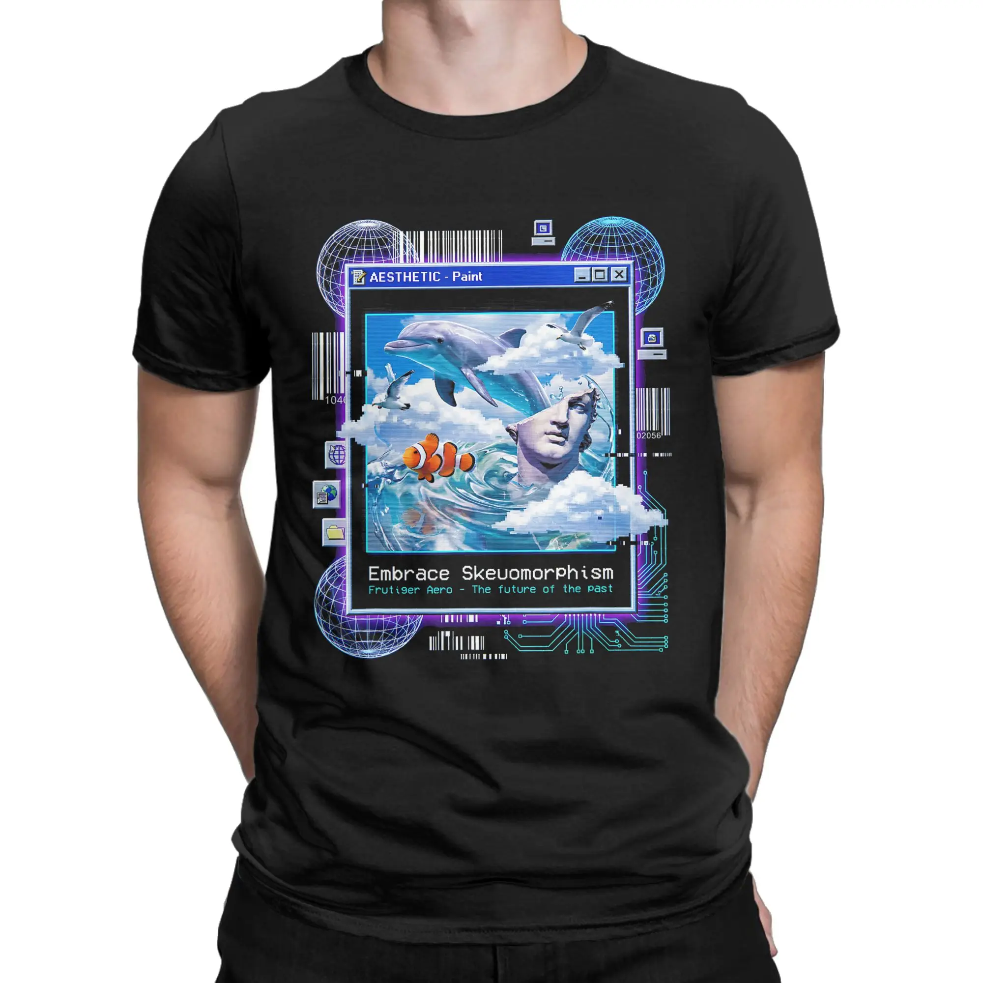 Men T-Shirts Frutiger Aero Skeuomorphism Vaporwave Aesthetic Glitch Humorous Cotton Tees Short Sleeve  T Shirts Round Neck Tops