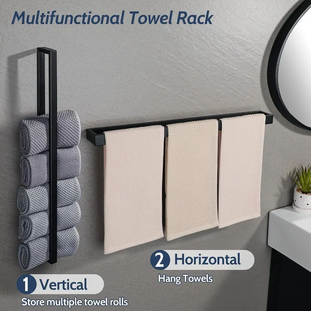 Matte Black Towel Bar, 24 Inch Hand Towel Holder, Wall Mount Square Towel Ring, Stainless Steel Towel Rack view 5