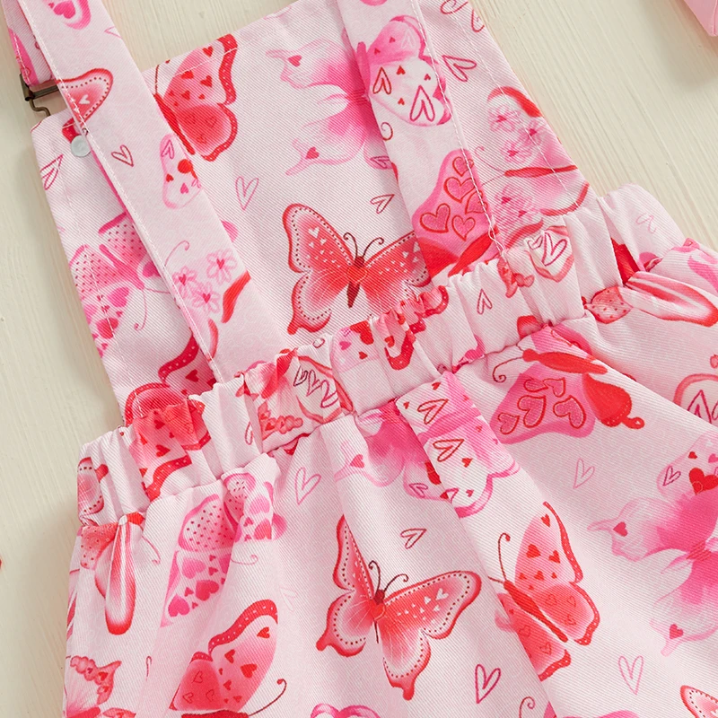 Little Girls Overalls Shorts Butterfly Heart Print Sleeveless Square Neck Suspender Jumpsuit Romper