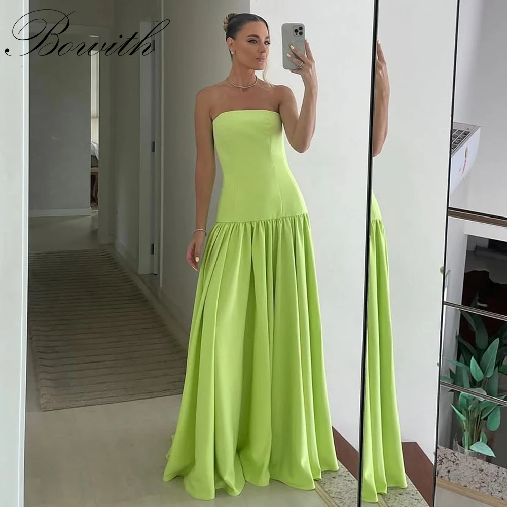 

Bowith Sage Evening Dresses Women Strapless A-Line Draped Customized Prom Dresses Sleeveless Simple Party Gown Special Occasion