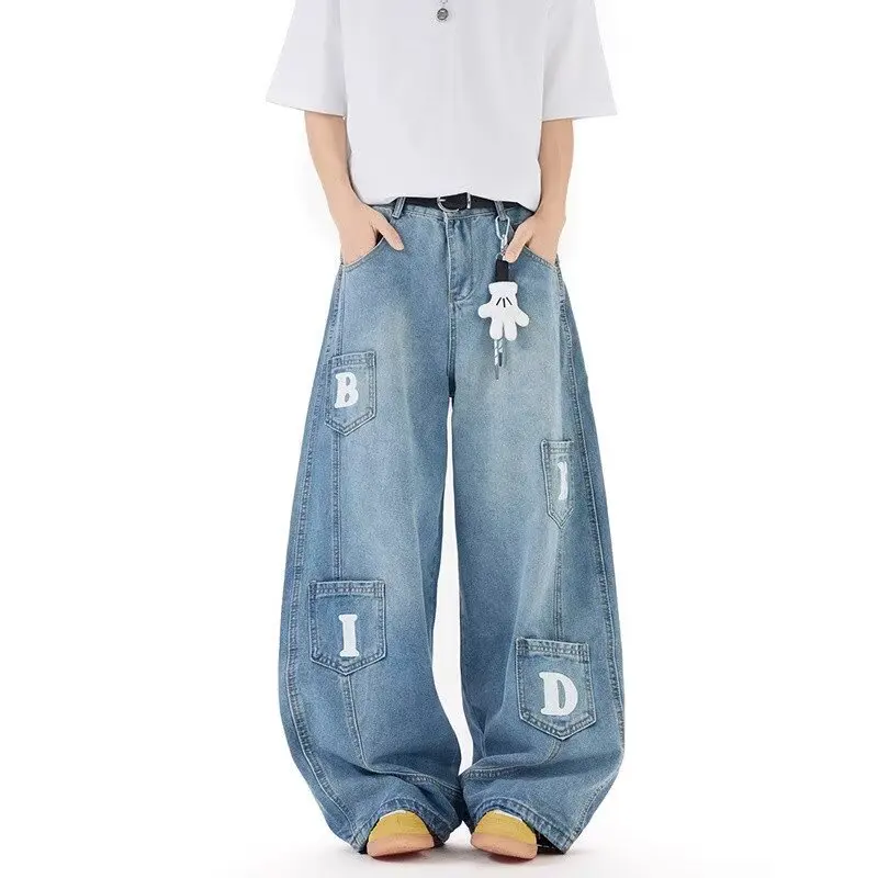 

Straight Jeans Men's Light-flat Summer American Street Washing Loose Scimitar Pants Japanese 2000s Y2k Clothes Jorts Rhinestones