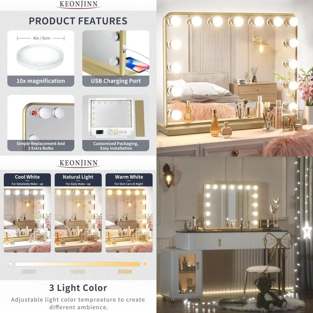 مرآة زينة مضيئة على طراز هوليوود مع 15 لمبة LED، 3 ألوان، منفذ USB، 23 × 18 #1