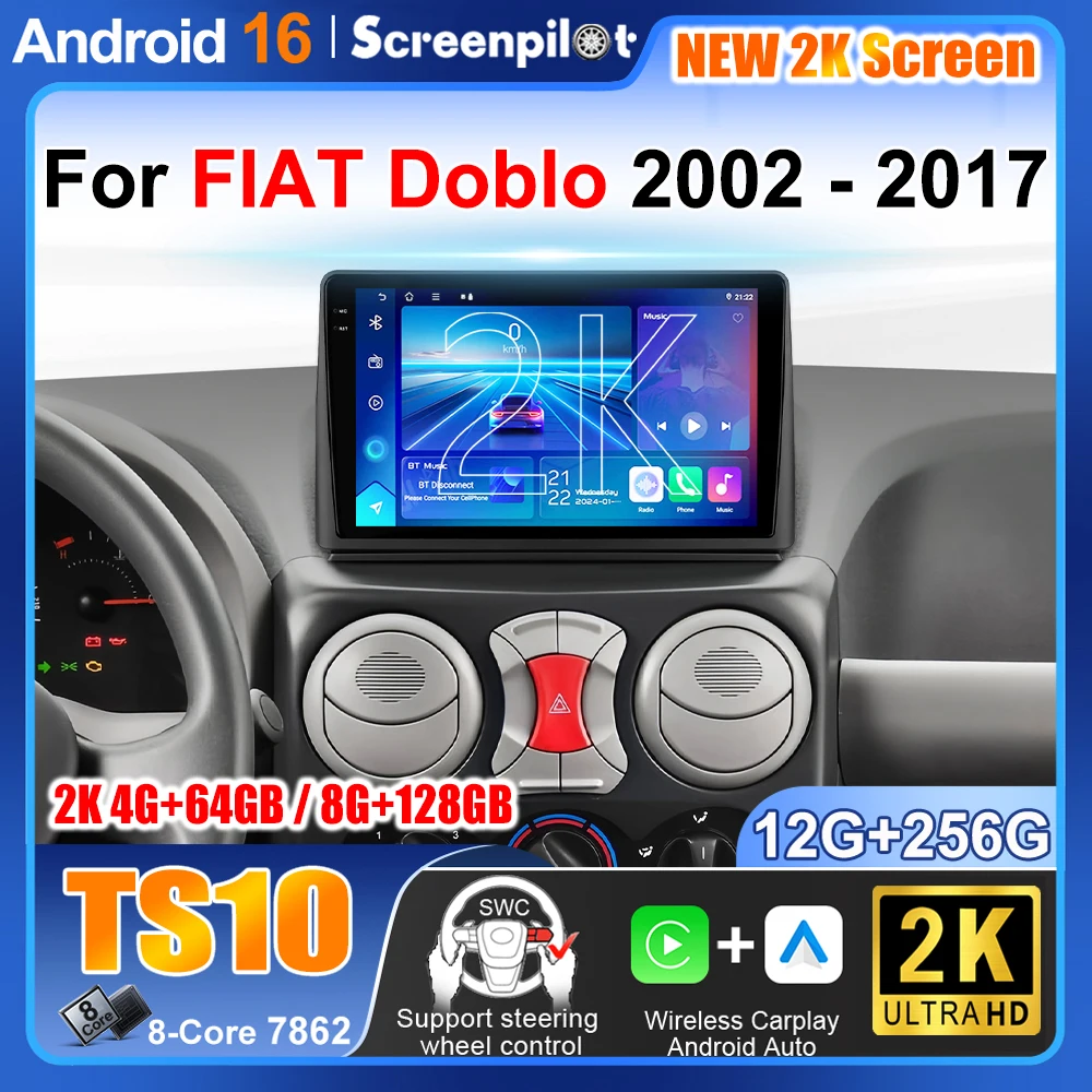 Android 16 For FIAT Doblo 2002 2003 2004 2005 - 2017 Android 16 Carplay Multimedia Car Radio Video Player GPS Navigation WIFI 2K