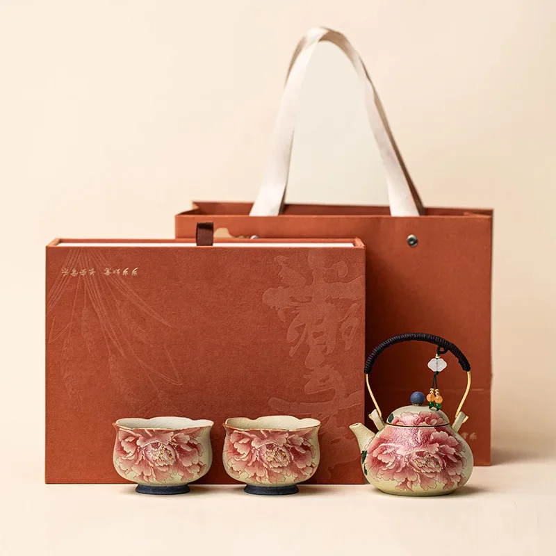 Colorful Flowers Tea Accessories Blue and White Flint Red National Color Lifting One Pot Two Cups Ceramic Tea Set Holiday Gift