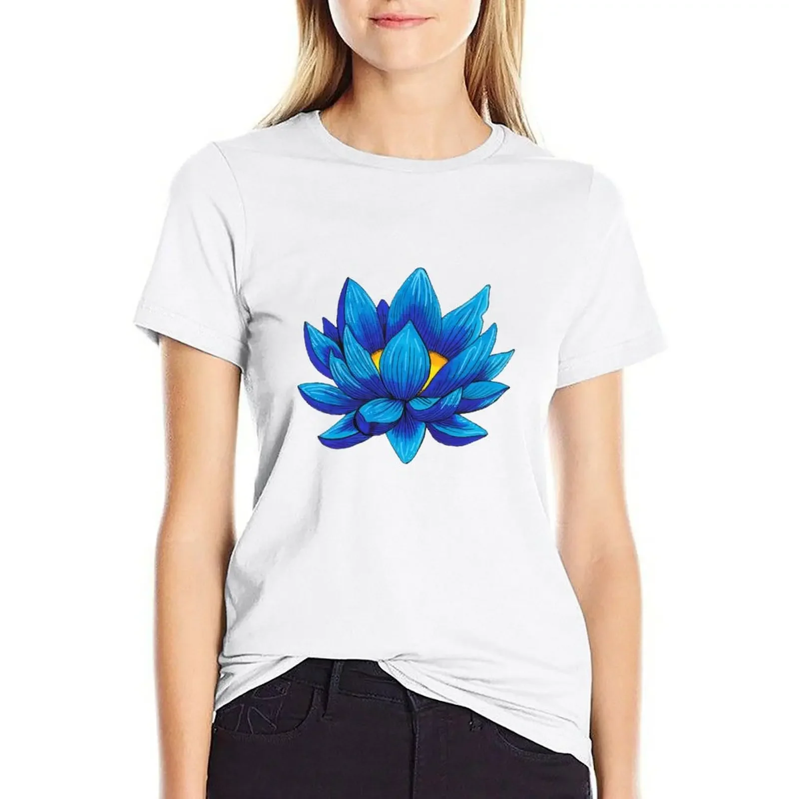 

Blue Lotus Flower T-shirt oversized Female clothing Aesthetic clothing Top Women