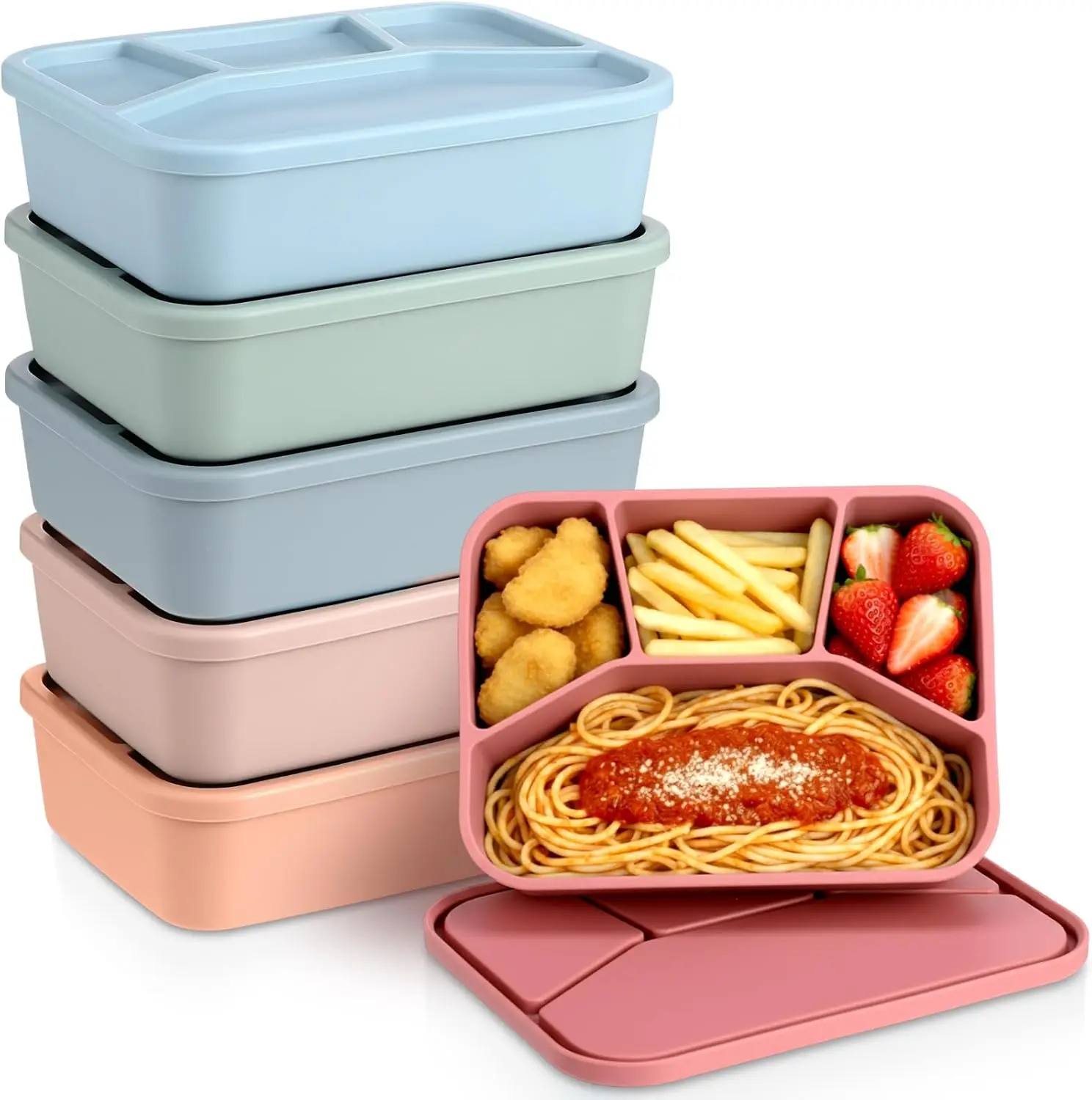 

Набор из 6 силиконовых коробок для бенто с 4 отделениями, герметичный для хранения продуктов в путешествиях и работе