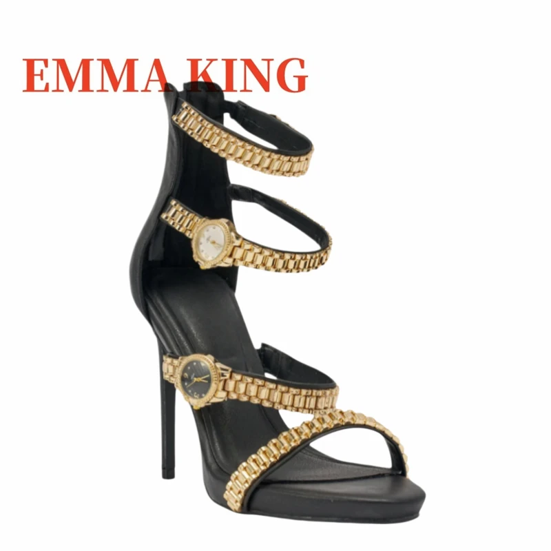 2026 New Watch Strap Sandals Golden Watch-link Straps Stiletto Heel Sandals Women's Fashion Back Zipper Sandals Large Size 44
