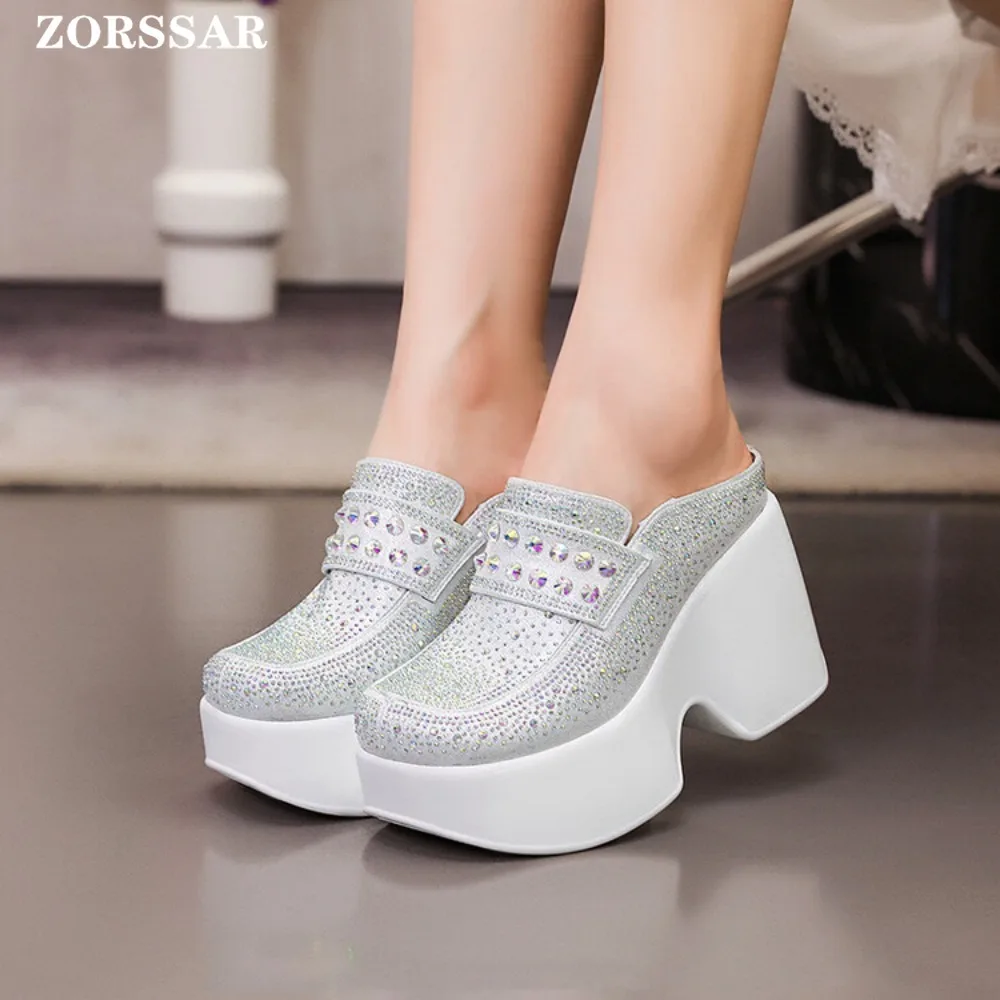 Women Summer Sandal Casual Slingbacks High Heels Pumps Slip on Mules Women Crystal Platform Wedges Slippers Woman