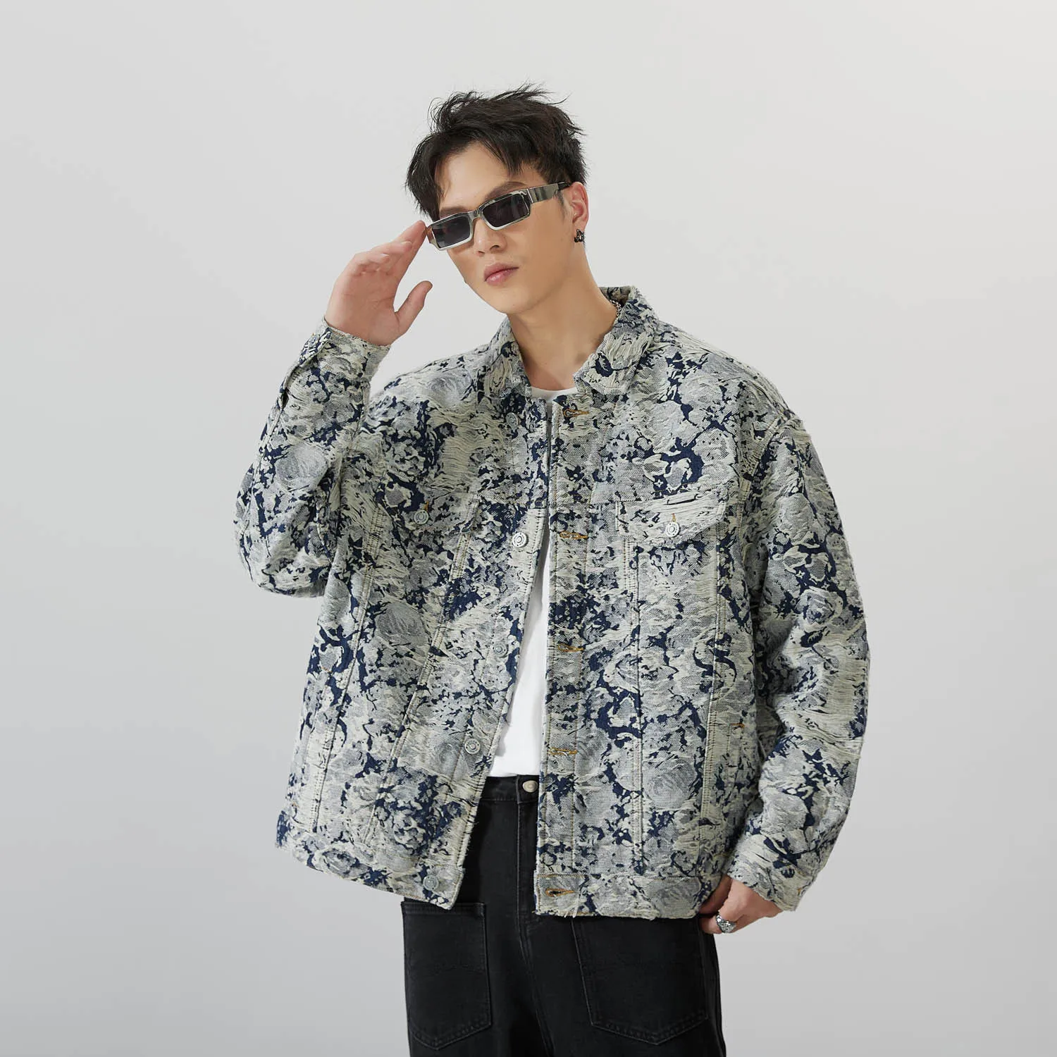 

American fashion brand print hole new vintage denim jacket high street gangsters with baggy top fashion