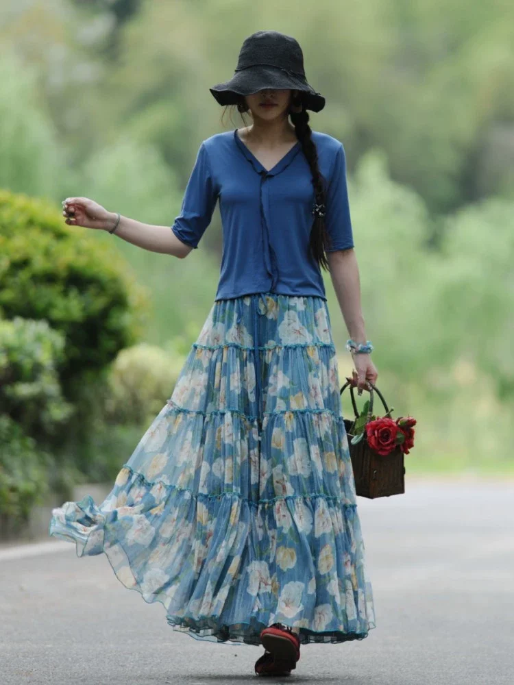 

Free Shipping 2023 Fashion Long Chiffon Floral Printed Maxi Boho Skirts For Women Bohemian S-XXL Summer Blue High Quality