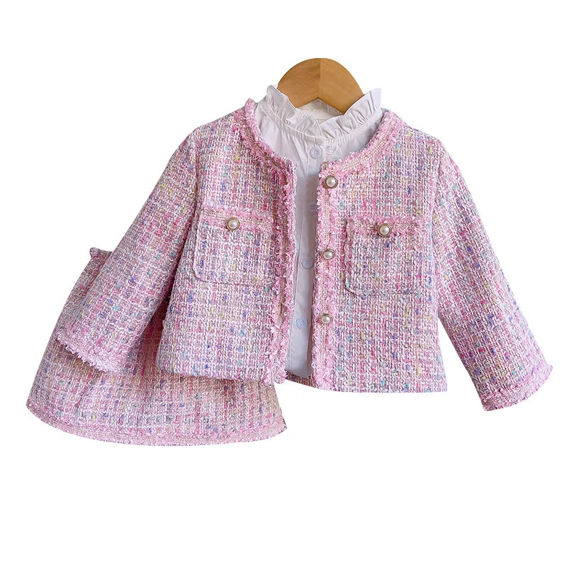 Children Girl Spring Korean 2PCS Clothing Set Pearls Button Pink Outwear Coat Elastic Waist Skirt Baby Girl Outfit Kid Girl Suit