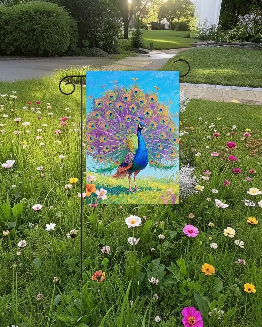 Peacock with Beautiful Feathers Oil Painting Spring Wildlife Animal Garden Flag 12x18 Inch Small Vertical Double Sided Seaso AAS