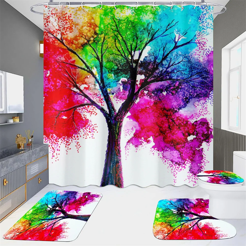 

Colorful Tree Patterns Shower Curtain Set Colorful unique Fantasy Bathrom Shower Curtain non-slip Mat Toilet Mat Bathroom Decor