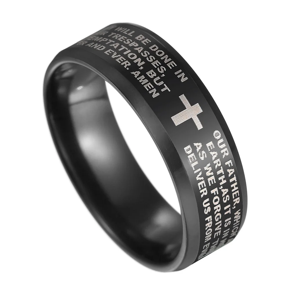 UAGE Stainless Steel Black Color Jesus Cross Ring Letter Bible Prayer Finger Rings For Men 8mm Amulet Jewelry