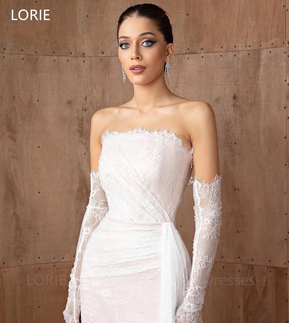 LORIE فساتين زفاف رائعة دانتيل بدون حمالات طيات حورية البحر فستان حفلات العروس بأربطة بطول الأرض زي العرائس حسب الطلب