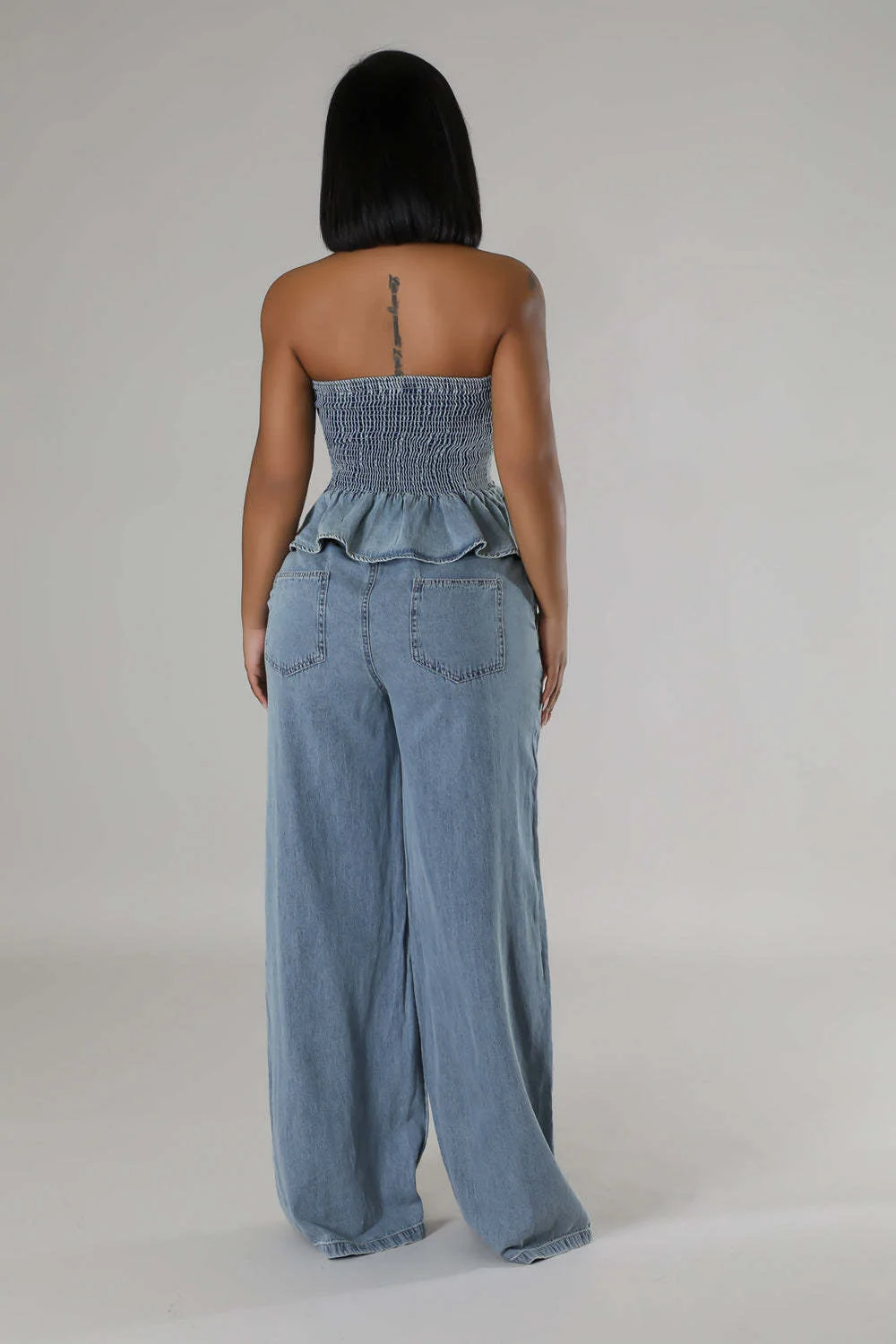 Moda europeia e americana casual babados tubo top jeans stretch sexy terno de perna larga