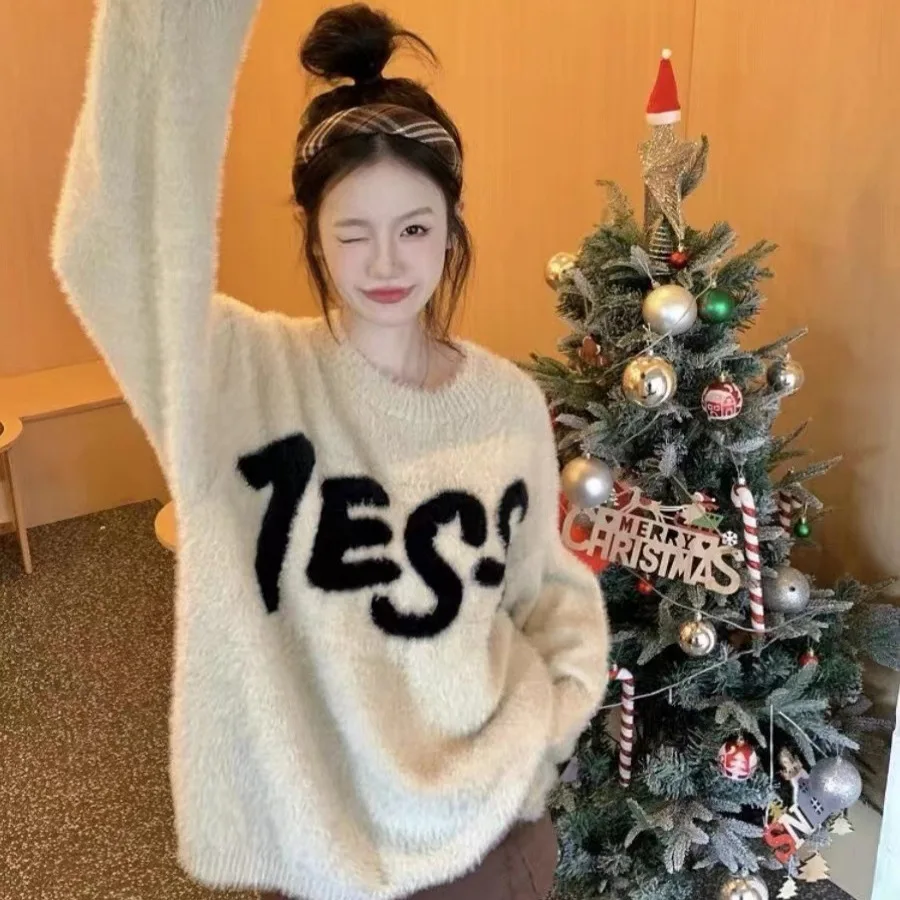 American Lazy Sle rotondo Ne Thiened maglione lavorato a maglia da donna allentato acqua pelliccia di coniglio simulazione autunno inverno Top