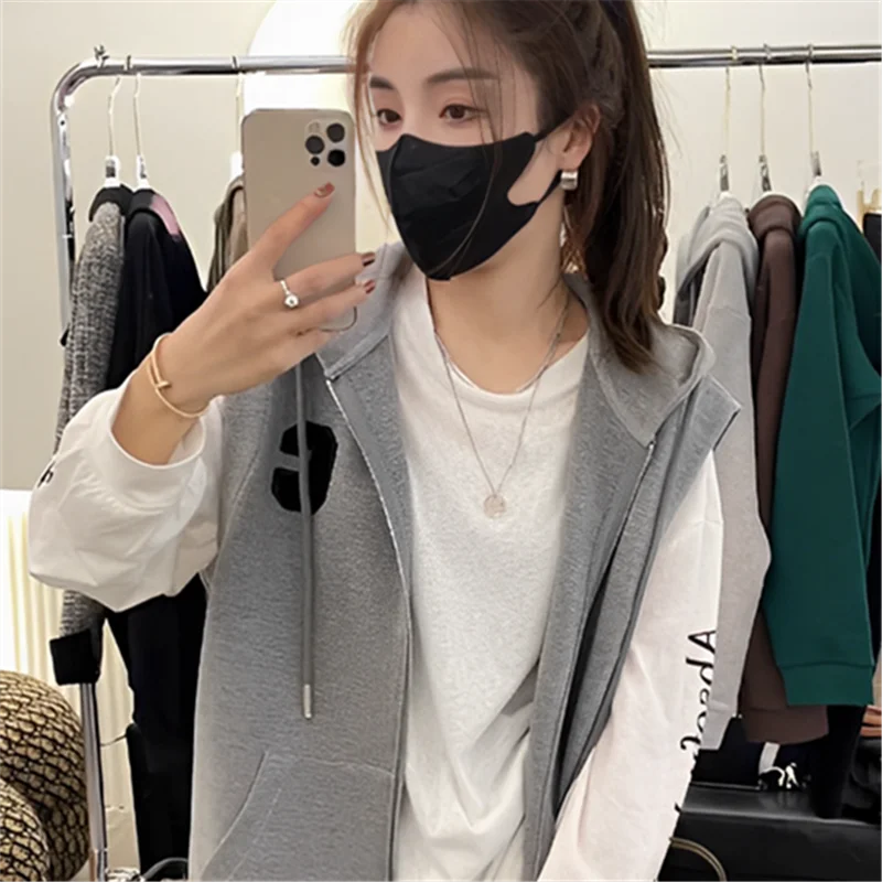 Hooded Vest Women Vintage Korean Fashion Female Casual Short Hoodie Waistcoat Drawstring Cotton Spring Autumn Sleeveless Jacket