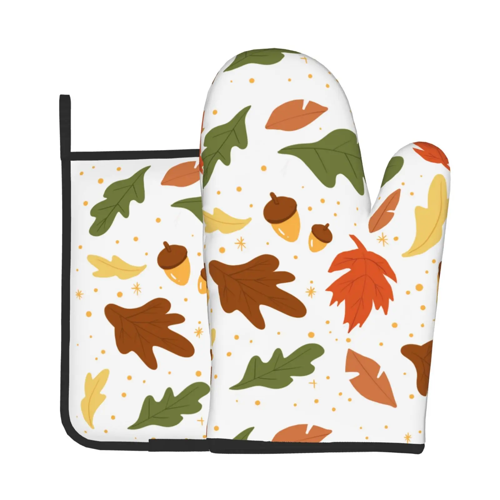 Oven Mitt and Pot Holders 2 Piece Set Fall Harvest Autumn Seasonal Leave Leaf Non-Slip BBQ Gloves for Kitchen Cooking Baking