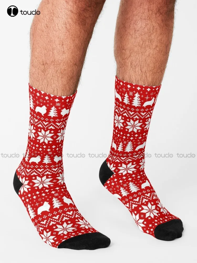 Shetland Sheepdog Silhouettes Red And White Christmas Holiday Pattern Socks Football Socks Street Skateboard Socks Harajuku Art