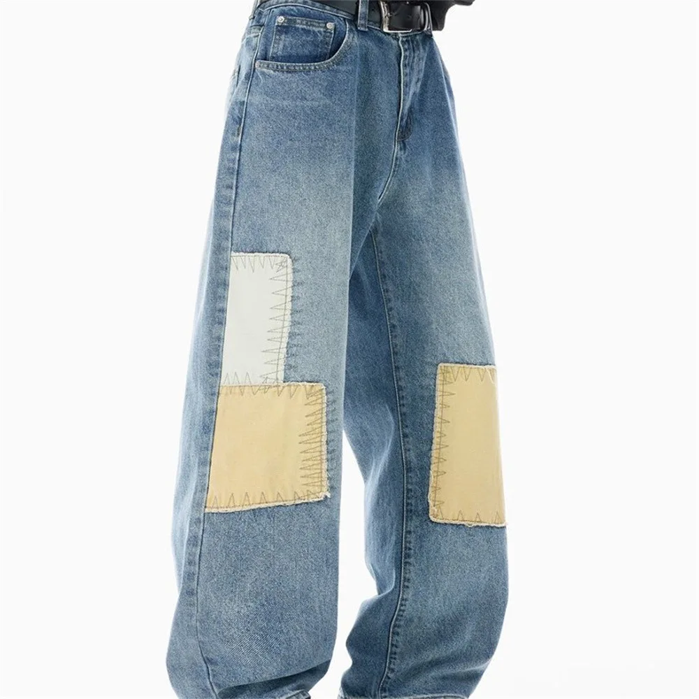 MWJLPWQ Contrast Color Patchwork Jeans For Men High Street Fashion Unique Loose Casual Straight-Leg Wide-Leg Long Pants 20274
