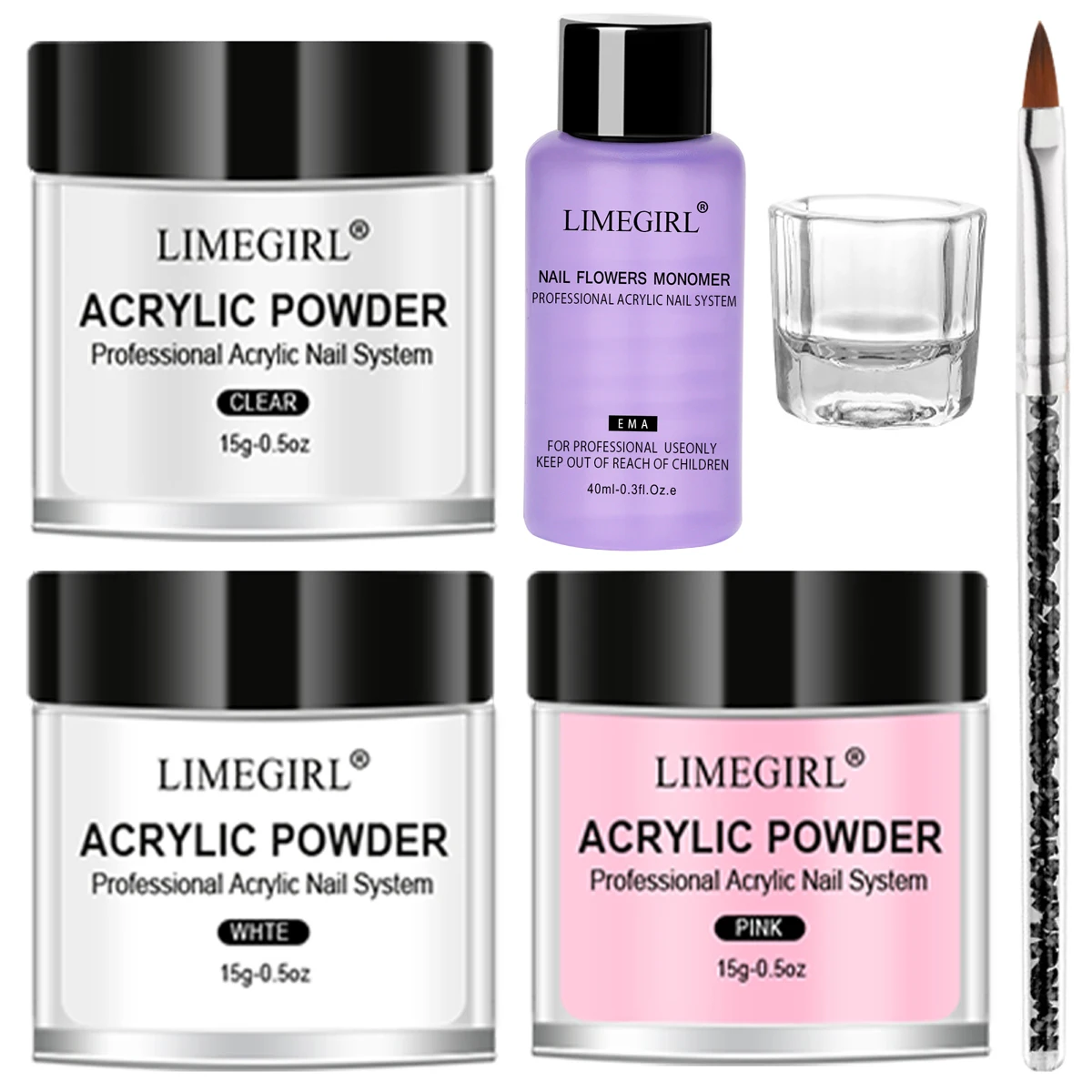 LIMEGIRL Polvere acrilica per unghie e kit monomero liquido Rosa Bianco Polvere acrilica trasparente Unghie Art Punte per unghie 3D Strumenti per intaglio