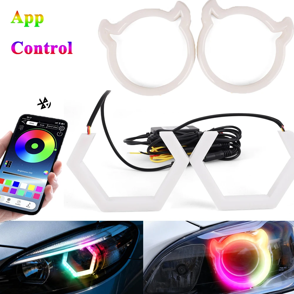 

2 шт. 12В/24В RGB LED кольца-ангельские глазки с управлением через приложение, гибкие динамические поворотники для автомобиля и мотоцикла