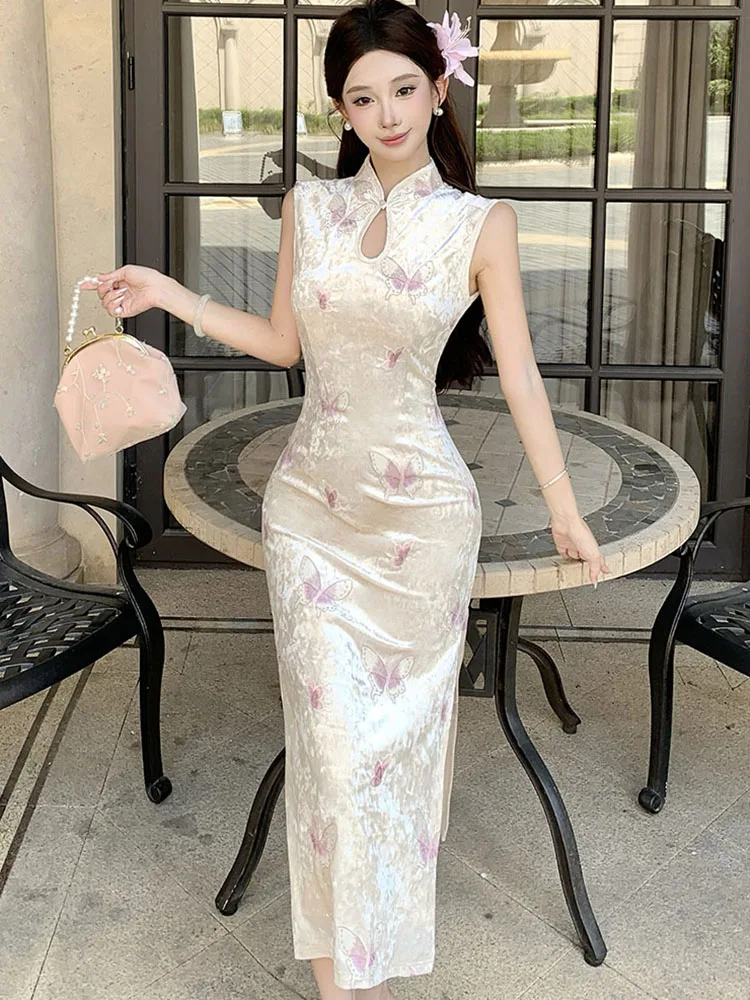 

Women Velvet Embroidery Print Stand Collar Cheongsam Dress Autumn Winter Chic Sleeveless Dress 2025 Korean Vintage Evening Dress