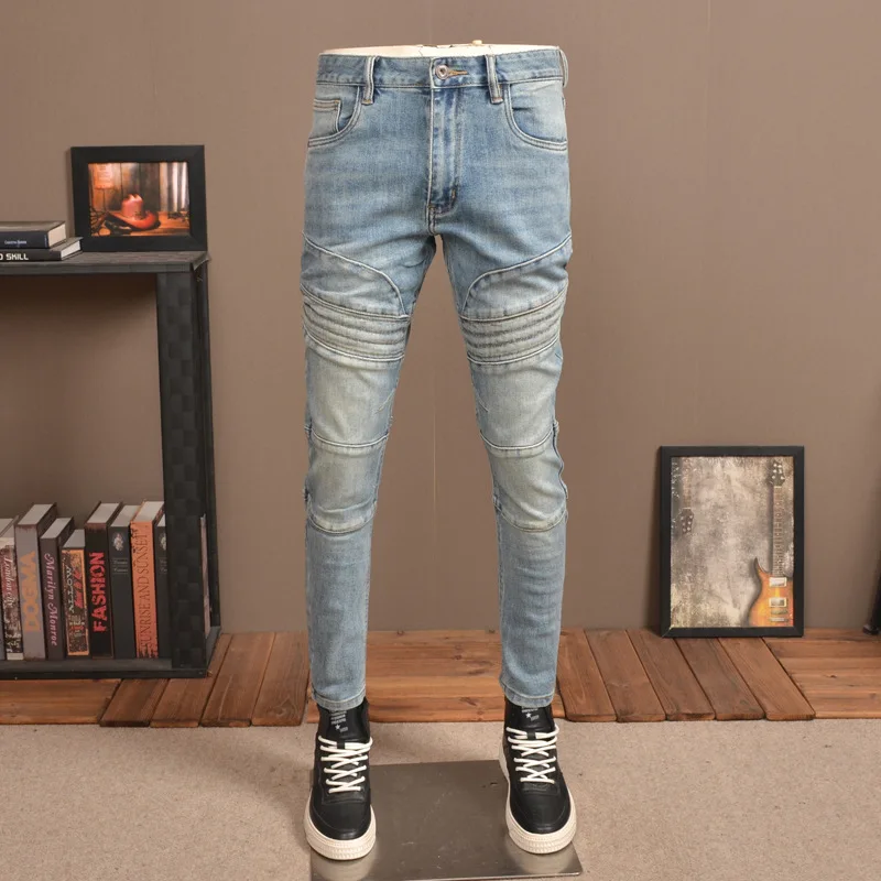 Blue Old Splicing Men\'S Jeans Fashion Brand Stretch Slim Men\'S Pants High-End Motorcycle Street Straight Casual Pants