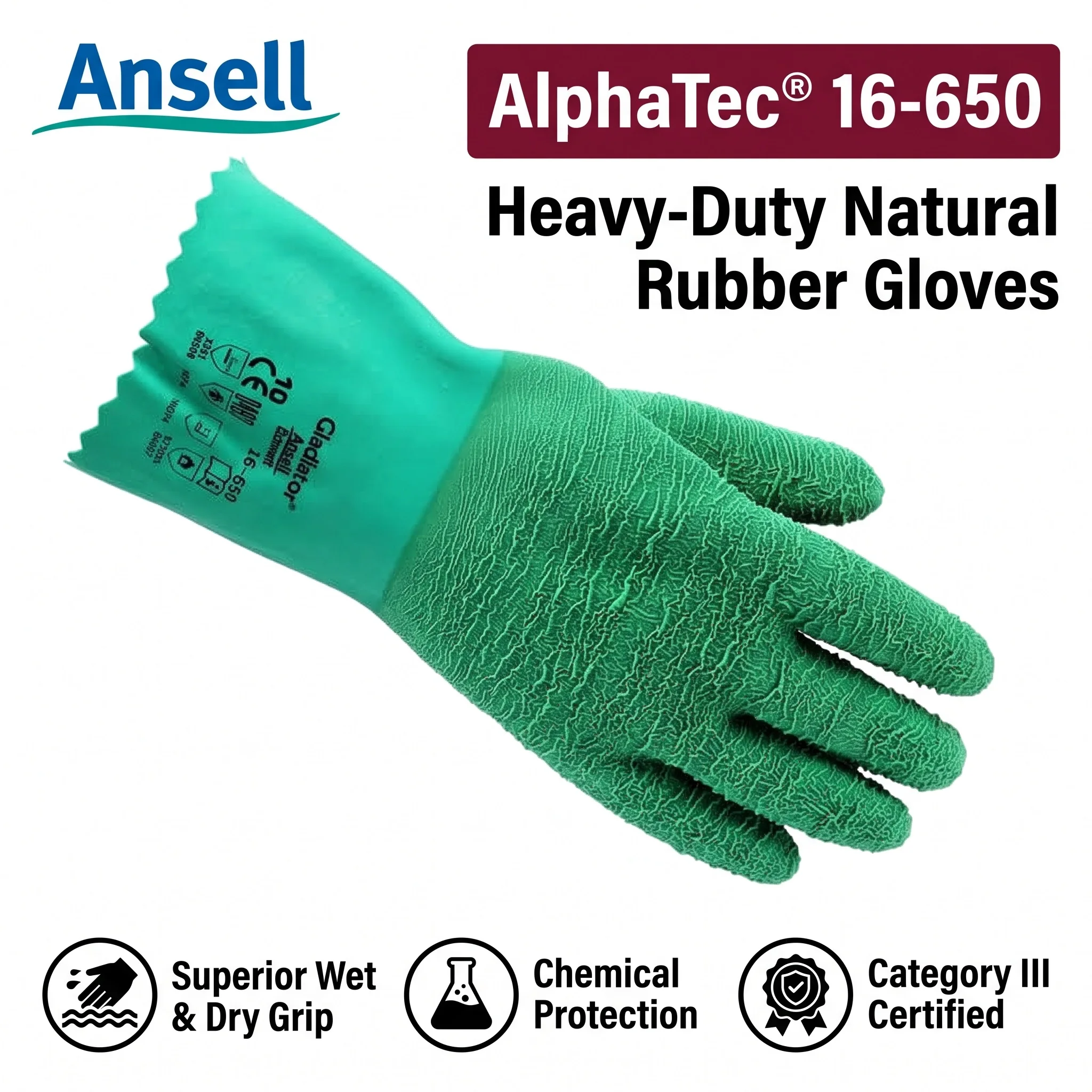 Ansell 16-650 Chemical Resistant Gloves Heavy Duty Natural Rubber Latex Work Gloves Waterproof Long Rubber Safety Equipment PPE