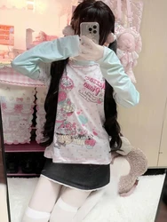 Japanese Y2k T-Shirts Women Kawaii Fake Two Long Sleeve Tees Fashion Harajuku Print Camisetas Crop Tops Casual Cute T Shirt