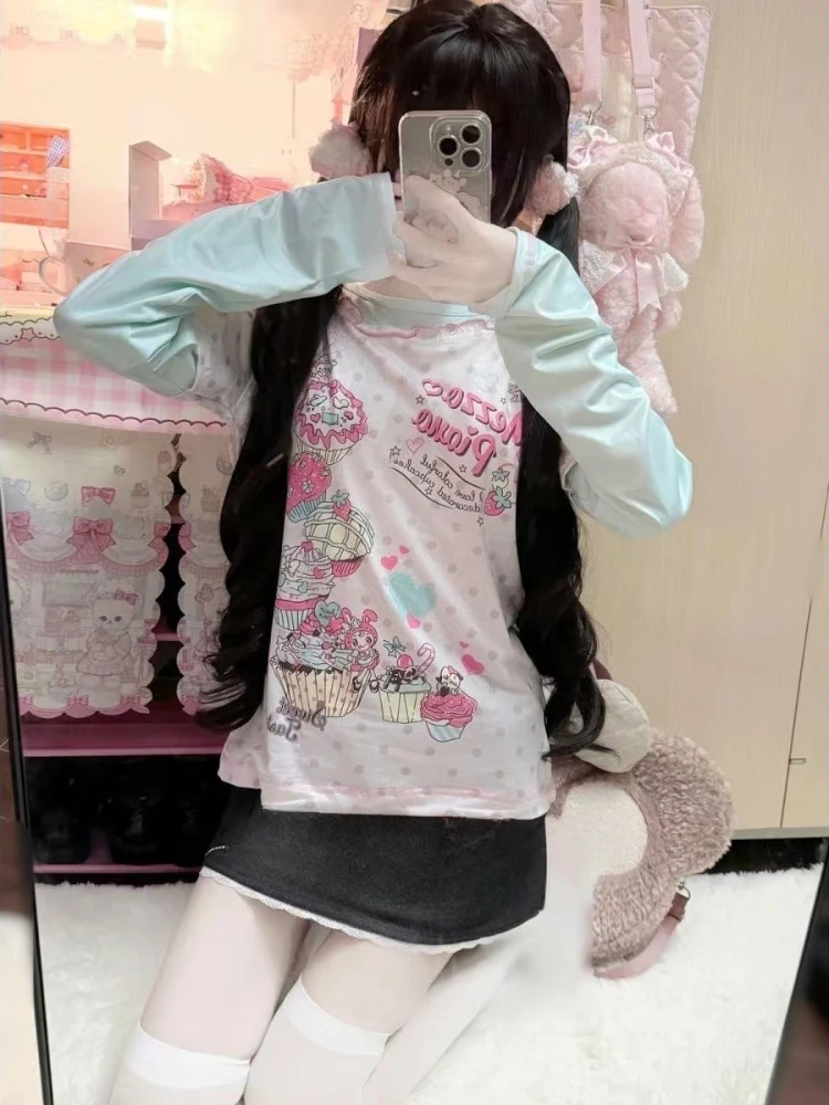 Japońskie koszulki Y2k Kobiety Kawaii Fake Dwa koszulki z długim rękawem Moda Harajuku Print Camisetas Crop Tops Casual Cute T Shirt