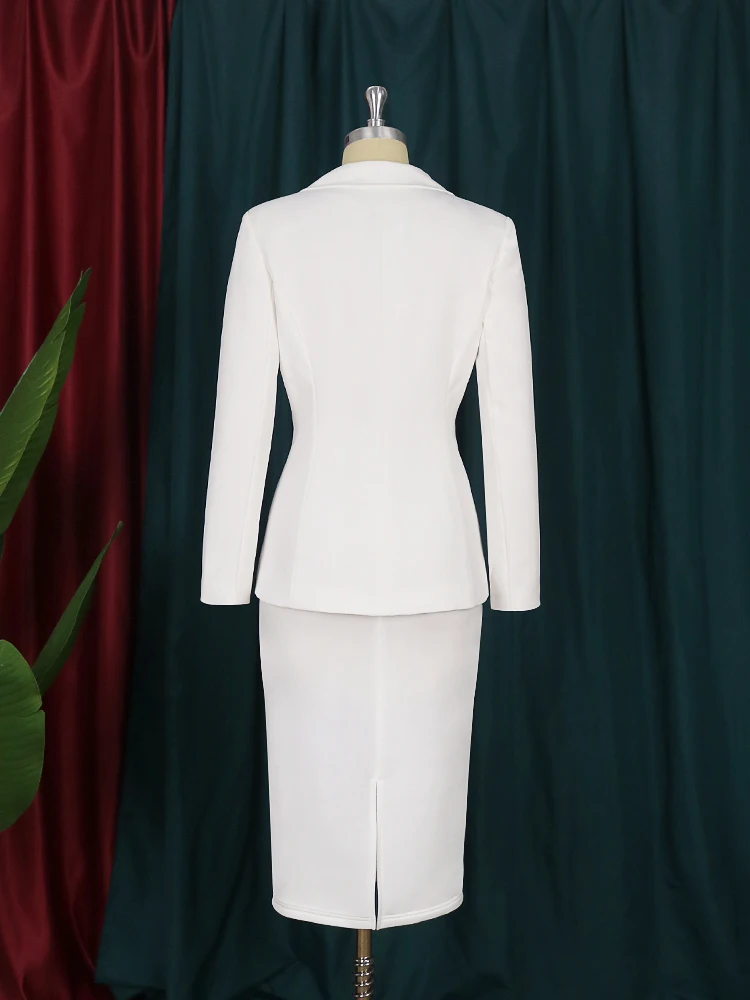 Blazer de manga comprida e saias de cintura alta para mulheres, conjuntos plus size, jaquetas entalhadas, trajes de escritório, branco, roupas 2