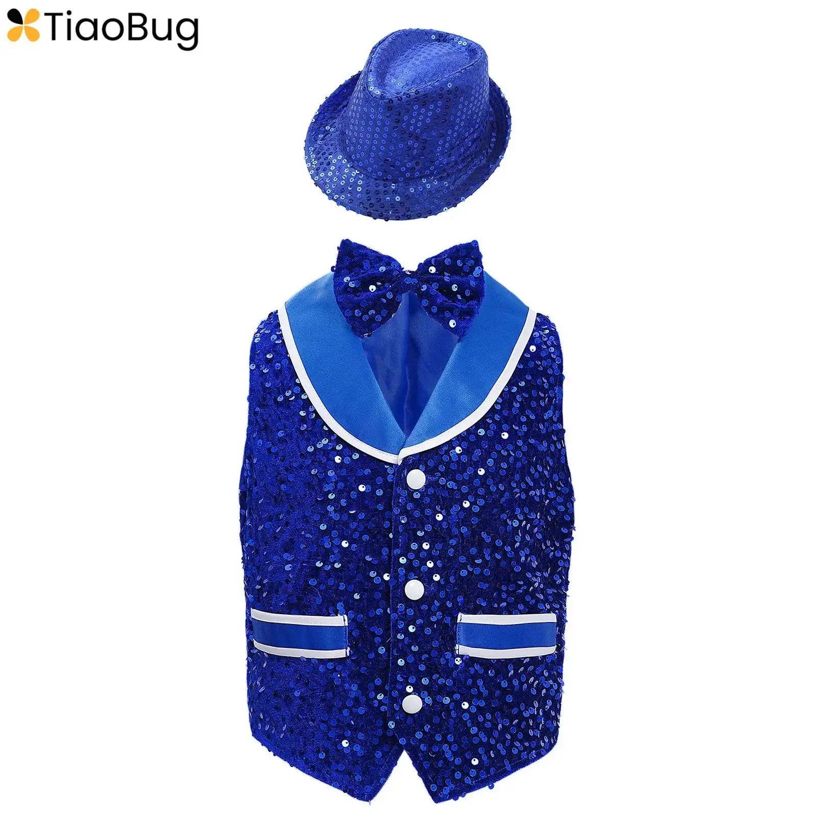 

Kids Boys Girls Jazz Dance Outifit Gentleman Suit Sparkling Sequins Velvet Vest Buttons Waistcoat+Bowtie+Hat Carnival Dress up
