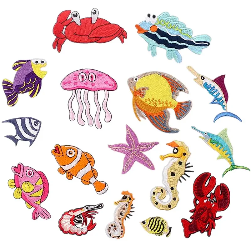 Various Fishes Embroidered Appliques Jellyfish Lobster Starfish Cartoon Iron on Patches Colorful Marine Life Clothing Stickers