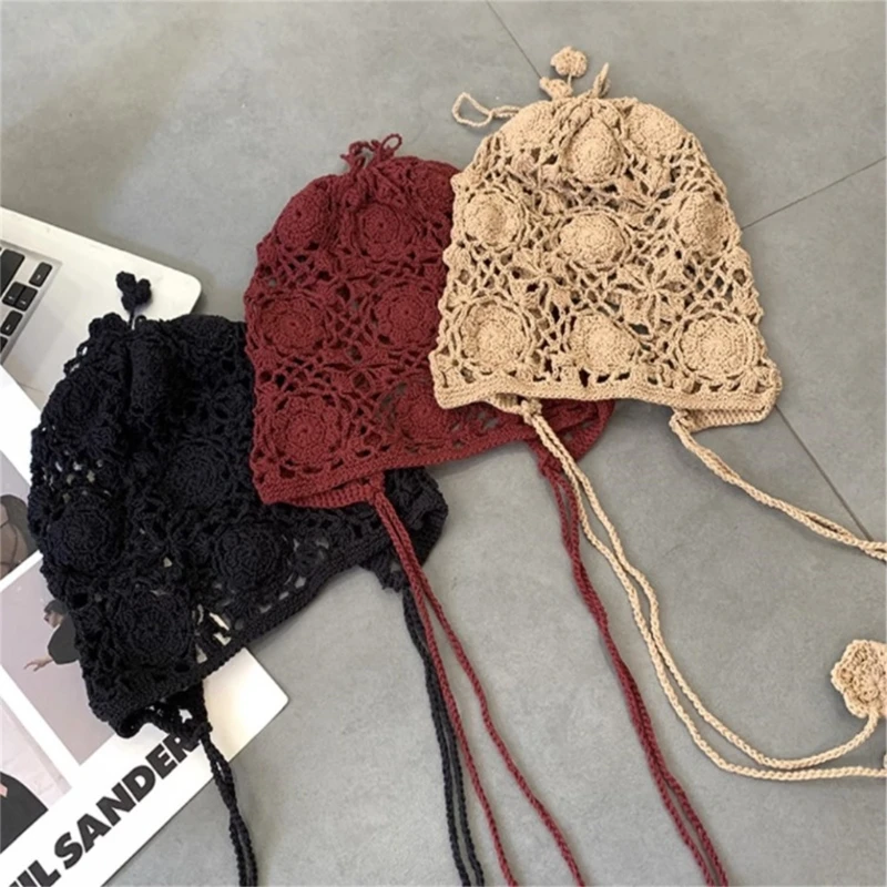 Fashion Beanie Hat for Women Girl Crochets Flower Knitted Hat Ethnic Style Cap Girl Bonnet Y2K Sweet Hat Adult Headdress