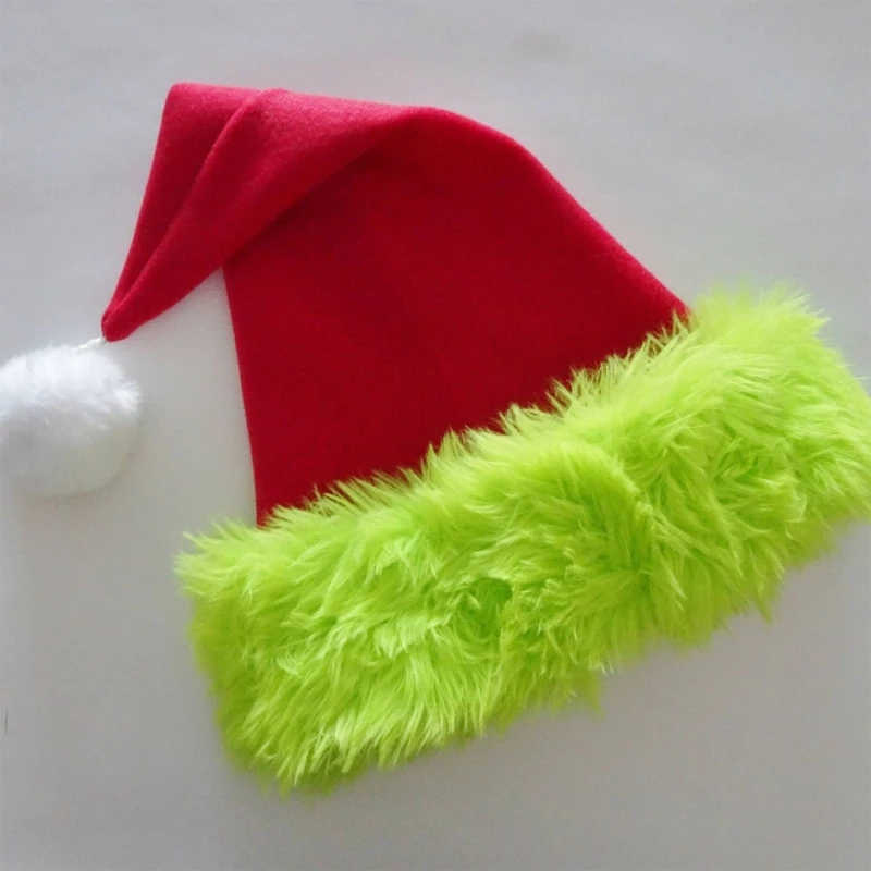 Christmas Santa Hat with Furry Green Trim Warm Holiday Headwear Photo Props Dropshipping