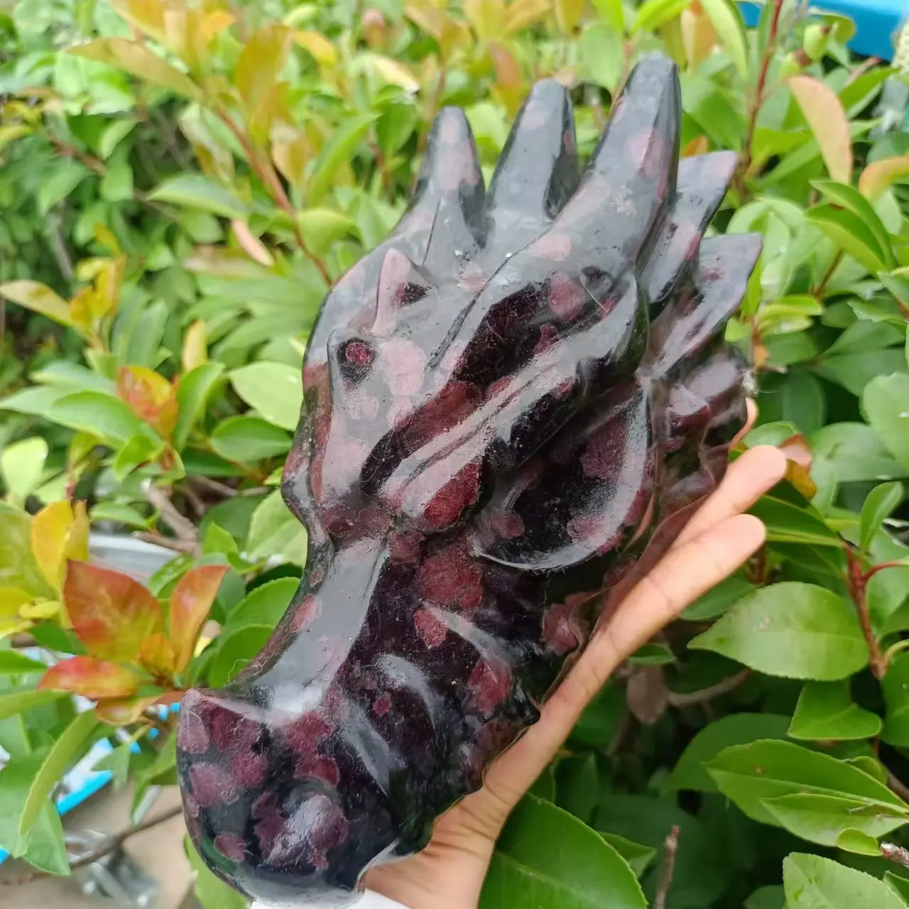 Natural Garnet Dragon Skull, Quartz Crystal Garnet Carved Dragon Head, Mineral Reiki Healing Stone, Degaussing Dragon