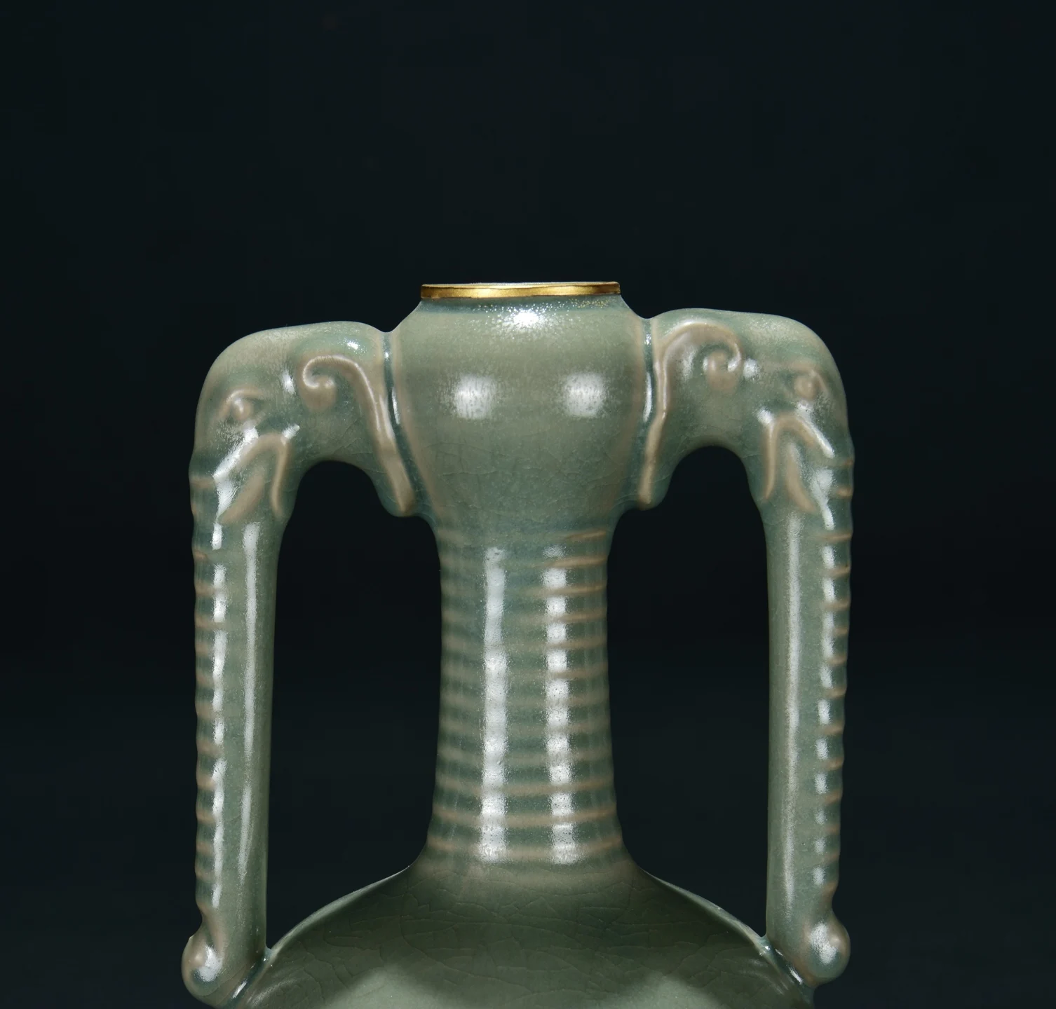 Antique CollectionSong Dynasty Ru Kiln Sky-Celadon Glaze Garlic Vase with Long Neck, Elephant Handles  porcelain vase