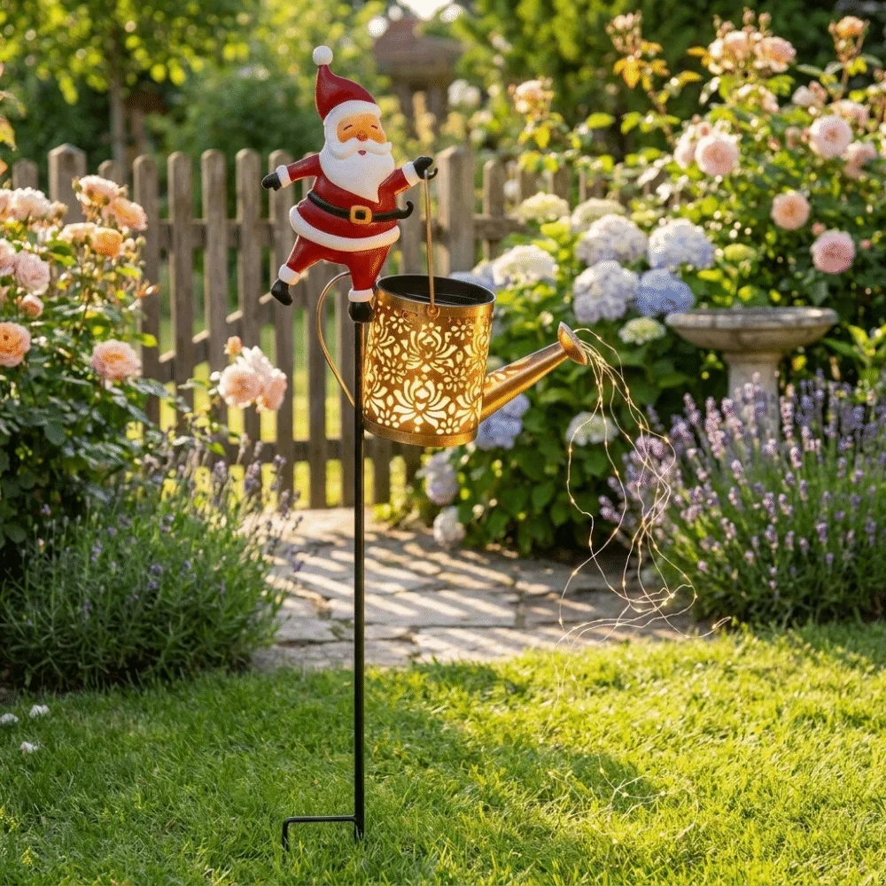 Solar Powered Christmas Solar Light Weather Resistant Waterproof Santa Claus Light Decorative Design Watering Can Shape