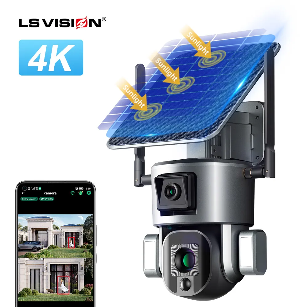 

LS VISION 4MP 4G 4K HD 10X zoom Wireless Outdoor Solar Powered Security IP Human Track 8MP Dual Lens CCTV 4G Solar PTZ