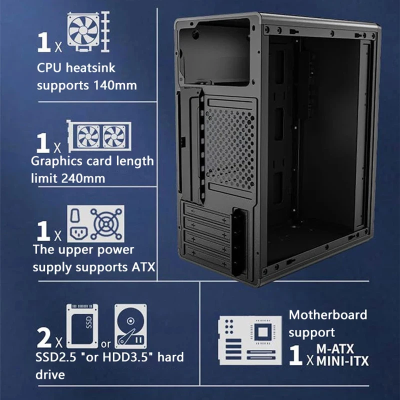 Mini Computer Case ATX Power Supply Suitable For M-ATX/ITX Motherboard For Easy Portability And Fast Heat Dissipation
