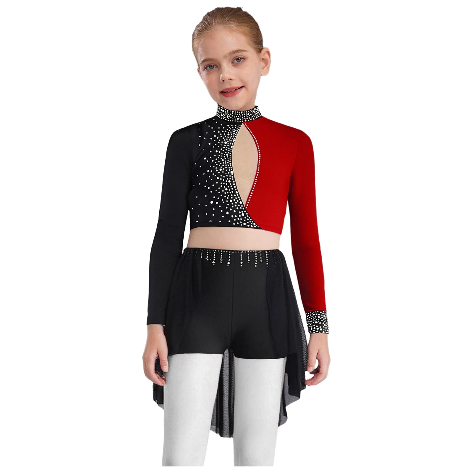 Kinderen Meisjes Lyrische Ballet Dans Outfit 2 Stuks Sparkly Steentjes Lange Mouw Crop Top + Rok Kunstschaatsen Prestaties danskleding
