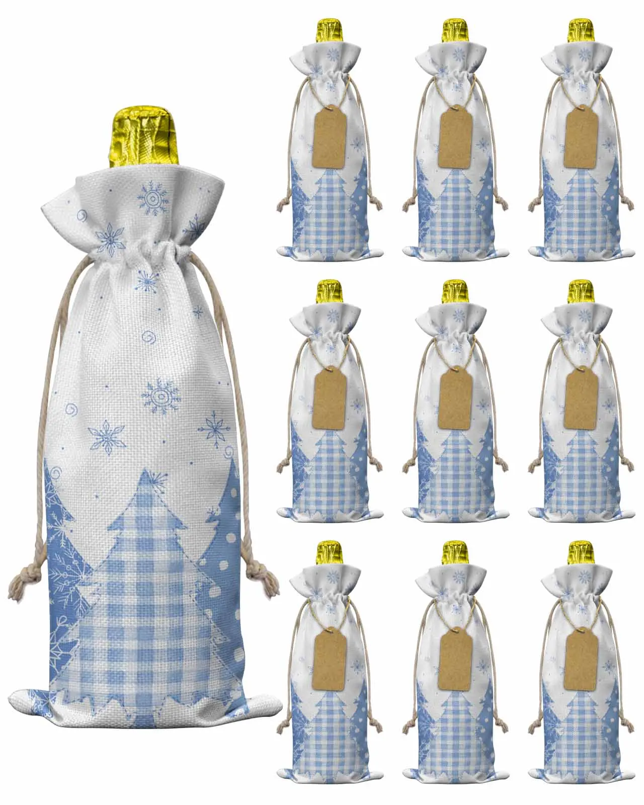 10pcs Christmas Tree Hand-Painted SnowflakesWine Bottle Bag with Drawstring Festive Party Decor Wine Bottle Covers Gift